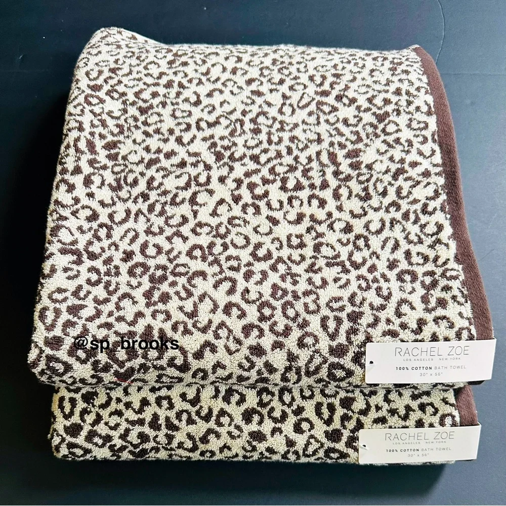 🎁RACHEL ZOE 2PC Bath Towel Set -Cotton- Brown & Tan Cheetah Print Bath - 30”x56”